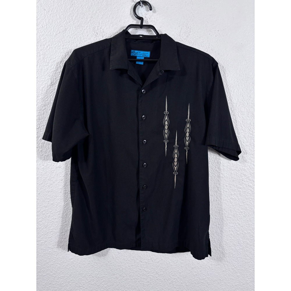 Paradise Blue Button Up Shirt Mens L Black Embroidered Camp Rockabilly